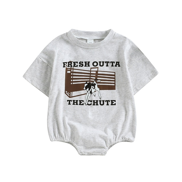 Fresh Of The Chute - Trendy Oversize Cowboy Tee Romper Suit - Grey