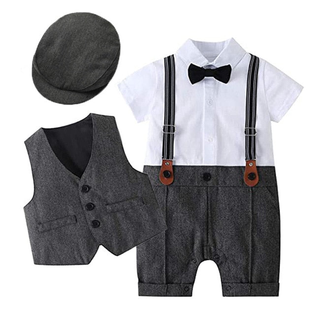 Baby Boy Formal Suit Romper Hat Set - Charcoal Leo