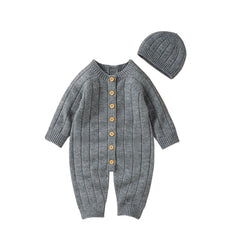 Newborn Baby Knit Romper Newborn Long Sleeve Jumpsuit + Hat - Gray