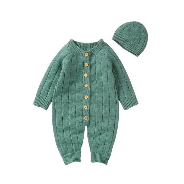 Newborn Baby Knit Romper Long Sleeve Jumpsuit + Hat - Green