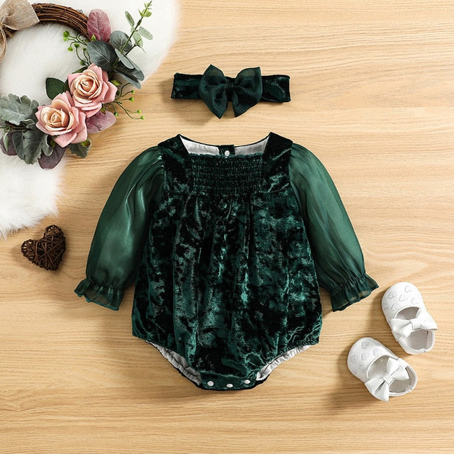 Emerald Green Velvet Bodysuit Romper for Baby Gilrs.