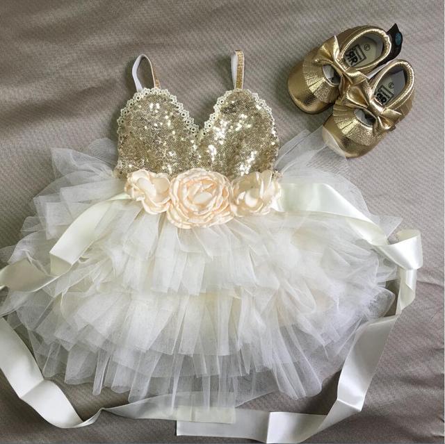 Rosa - Girls Party Dress, Girls Sequin Top - Ivory.
