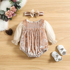 Beige Velvet Bodysuit Baby Girl Romper.