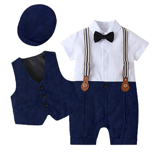 Baby Boy Formal Suit Romper Hat Set - Navy Blue - Leo