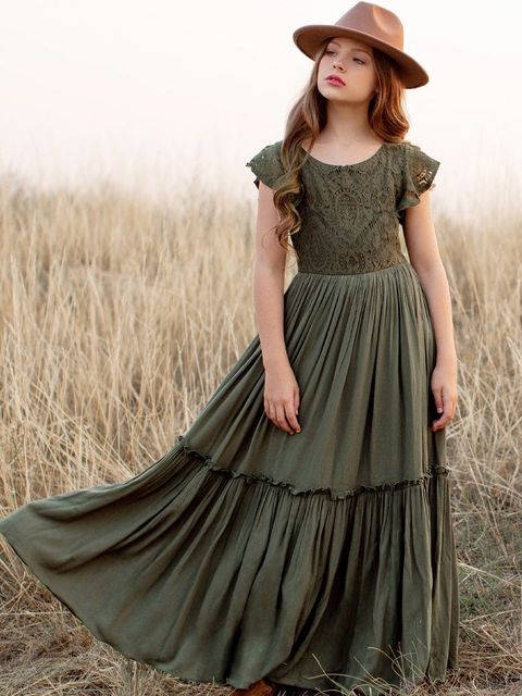 Talia - Girls Long Lace Boho Dress, Olive Green