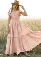 Talia - Girls Long Lace Boho Dress,  Peach