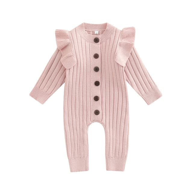 Mandi - Baby Girls Romper Cotton Knit Long Sleeve Ruffle Jumpsuit  - Rose Pink.