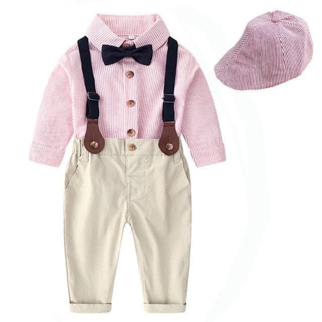 Camden - Toddler Boys Set With Hat Striped Shirt + Tie + Pants + Belt 5 Pcs Baby Kids, Colour -Pink.