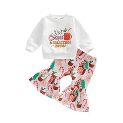 Girls Christmas Clothing Set - Long Sleeve Letter Print Sweatshirt + Flare Pants