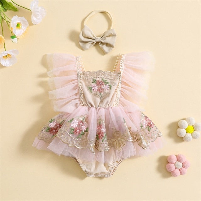 Elyssa - Baby Girl Princess Romper with Embroidery Flowers