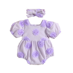 Rosebud - Baby Girls Romper 3D Flower Short Sleeve Square Neck