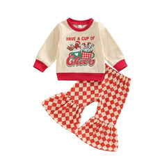 Girls Christmas Clothing Set - Long Sleeve Letter Print Sweatshirt + Flare Pants