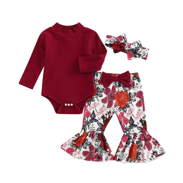 Red Floral Baby Girl Bell Bottom Set - 3 Pieces Set