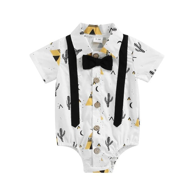 Aztec Print Baby Boys Romper Shirt - Suspenders & Bowtie