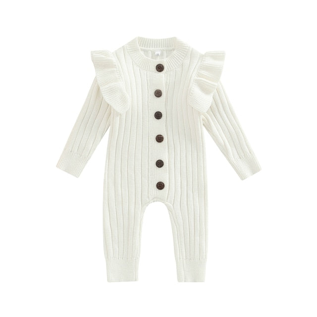 Mandi - Baby Girls Romper Cotton Knit Long Sleeve Ruffle Jumpsuit , Color - White.