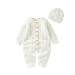 Newborn Baby Knit Romper Newborn Long Sleeve Jumpsuit + Hat - White