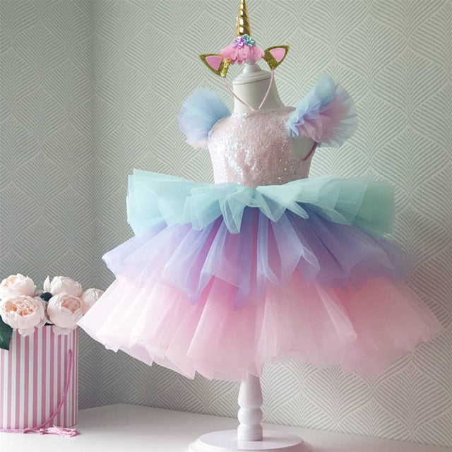 Mitsy - Girls Rainbow Unicorn Princess Dress - Pastel Rainbow  Dress