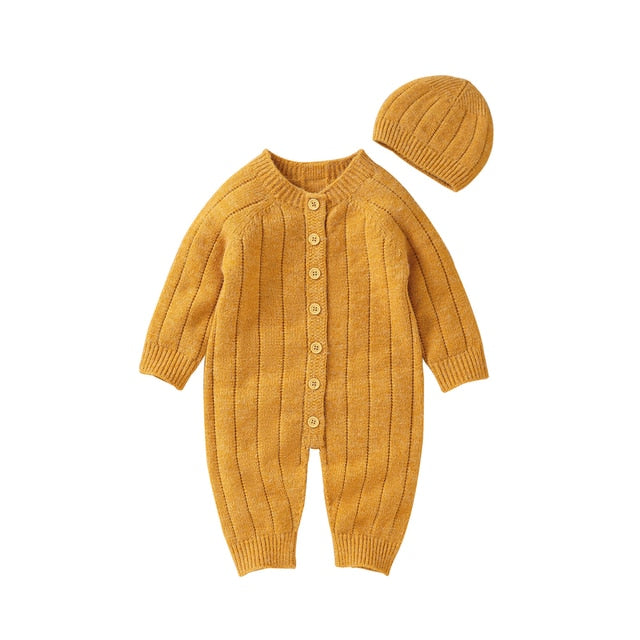 Newborn Baby Knit Romper Newborn Long Sleeve Jumpsuit + Hat - Yellow