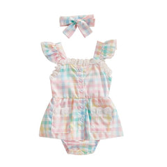 Plaid Lace Ruffle Playsuit + Bow Headband Baby Girl Summer Romper Outfit