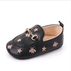 Grandi - Baby Loafers with Stars & Bee Embroidered and Gold Horsebit Buckle.