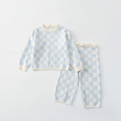 Checked Knitted Toddler Tracksuit Set - Blue