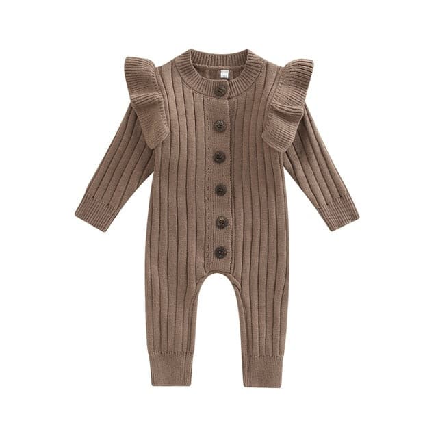 Mandi - Baby Girls Romper Cotton Knit Long Sleeve Ruffle Jumpsuit - Coffee.