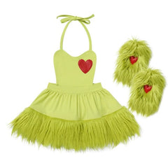 Green Grinch Dress - Baby Girl Faux Fur Dress And Leg Warmer Socks.
