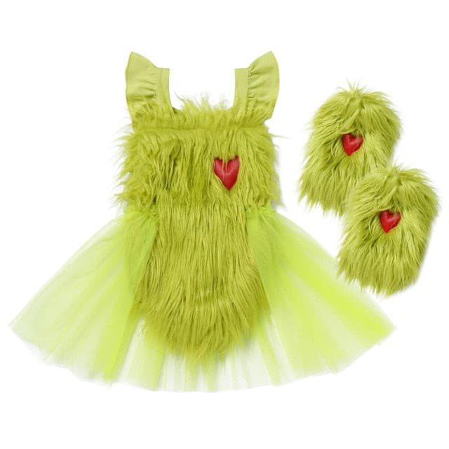 Green Grinch Baby Girl Costume , Faux Fur Tulle Tutu Romper Dress And Leg Warmers Socks.