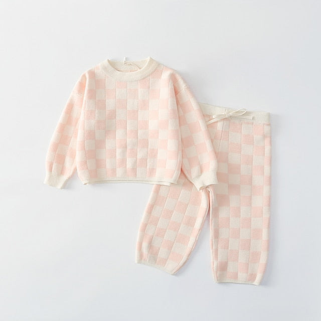 Checked Knitted Toddler Tracksuit Set - Pink