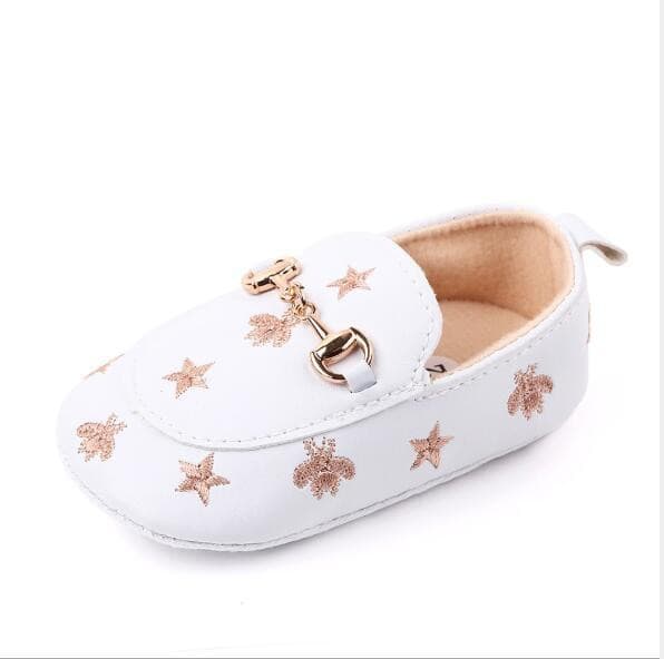 Grandi - Baby Loafers with Stars & Bee Embroidered and Gold Horsebit Buckle.